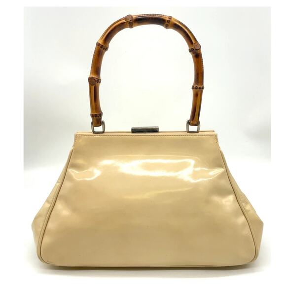 Vintage GUCCI Bamboo Light Beige Patent Leather Top-Handle Handbag - Picture 3 of 16